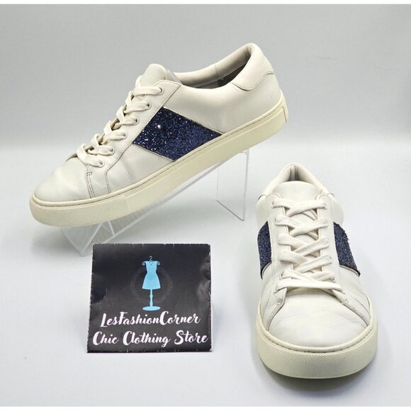 Tory Burch Women's White Leather Blue Glitter Carter Flat Sneakers Sz 11M 2661 - Picture 1 of 16